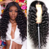 Long black wavy human hair loose deep lace wig with loose spiral curls and middle part